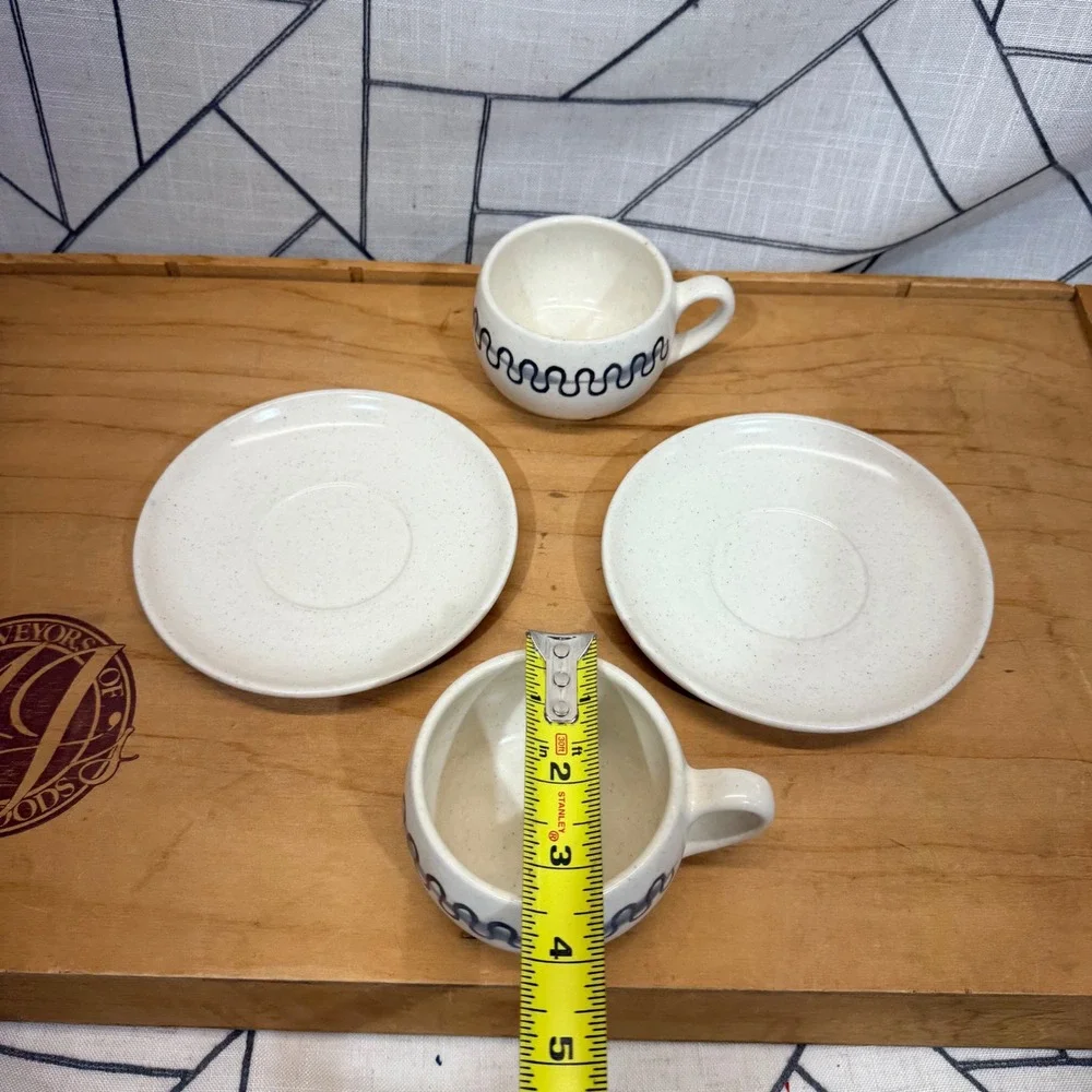 Vintage Poppytrail by Metlox Blue Wavy Squiggle Cup and Saucer Set of 2‎ CHIPPED